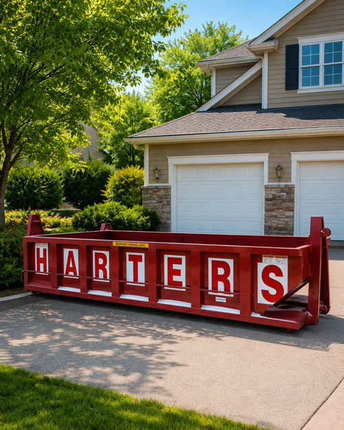 Red residential and commercial roll off dumpster rentals at house